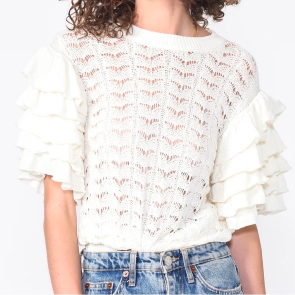 Greylin Ivory Knit Crochet Top With Ruffle Drop Shoulder Size Large
